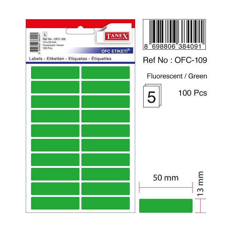 Tanex Ofis Etiketi Poşetli 13x50 Mm Fosforlu Yeşil Ofis Etiketi 5 Yaprak (10 Lu Paket)