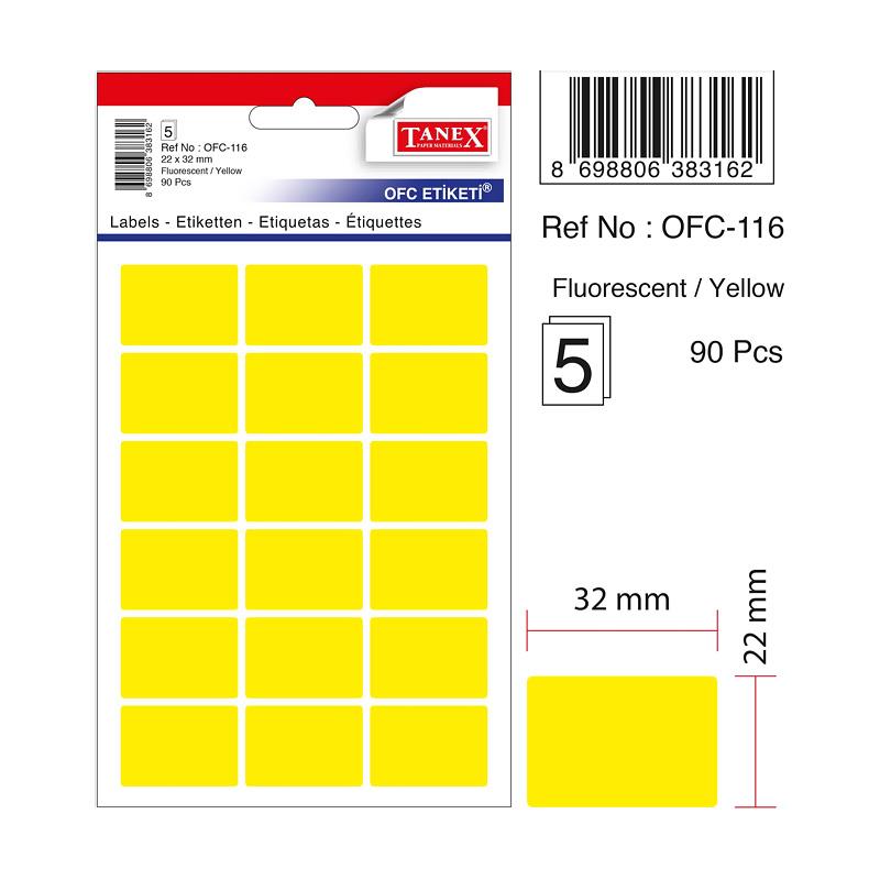 Tanex Ofis Etiketi Poşetli 22x32 Mm Fosforlu Sarı Ofis Etiketi 5 Yaprak (10 Lu Paket)