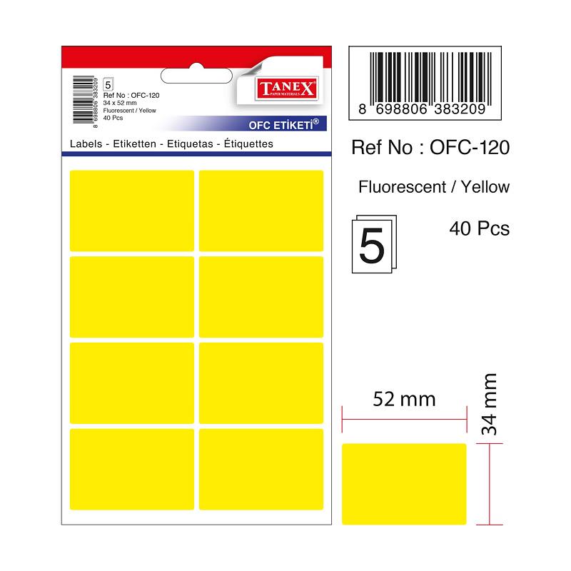 Tanex Ofis Etiketi Poşetli 34 x 55 Mm Fosforlu Sarı Ofis Etiketi 5 Yaprak (10 Lu Paket)