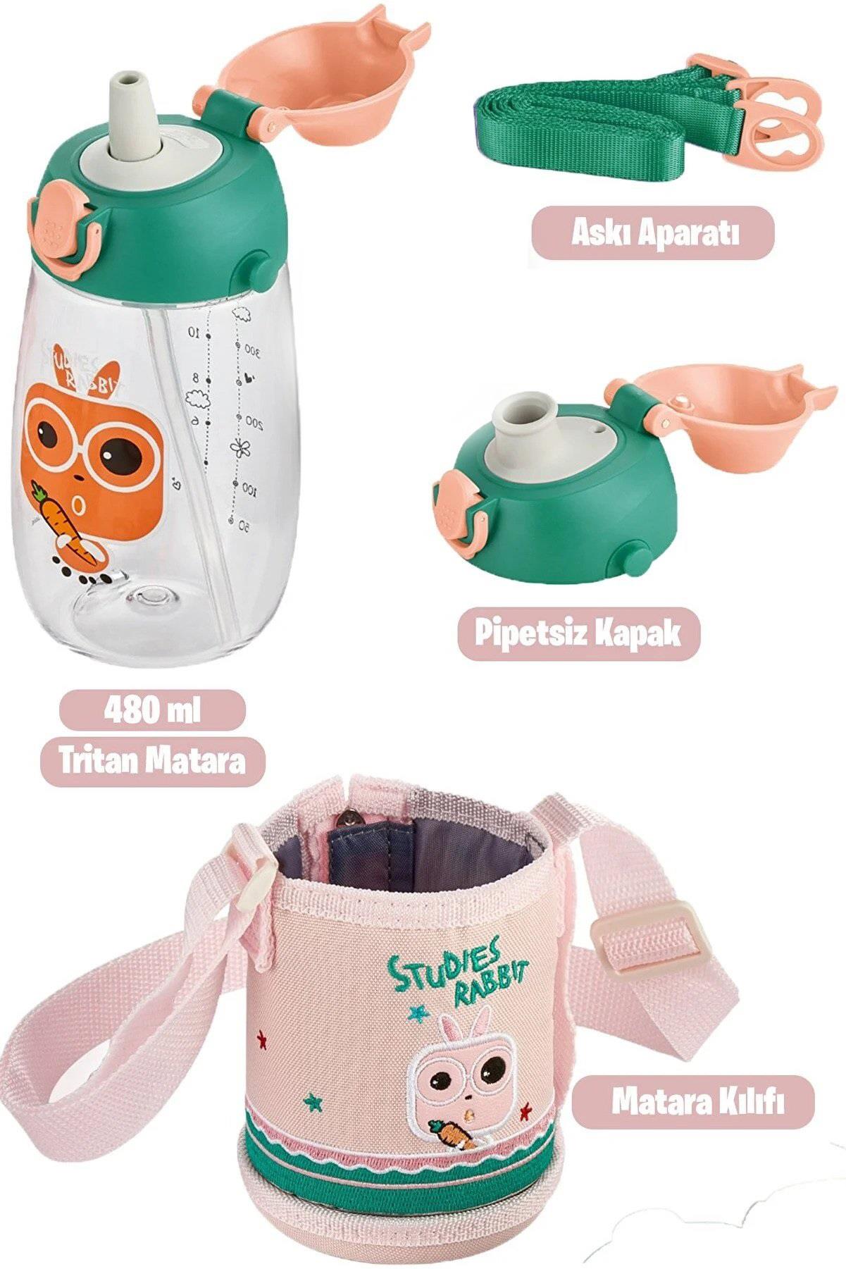 Vagonlife 480 ML Kılıflı 2 Ayrı Kapaklı Pipetli/Pipetsiz Tritan Çocuk Su Matarası Turuncu Yeşil