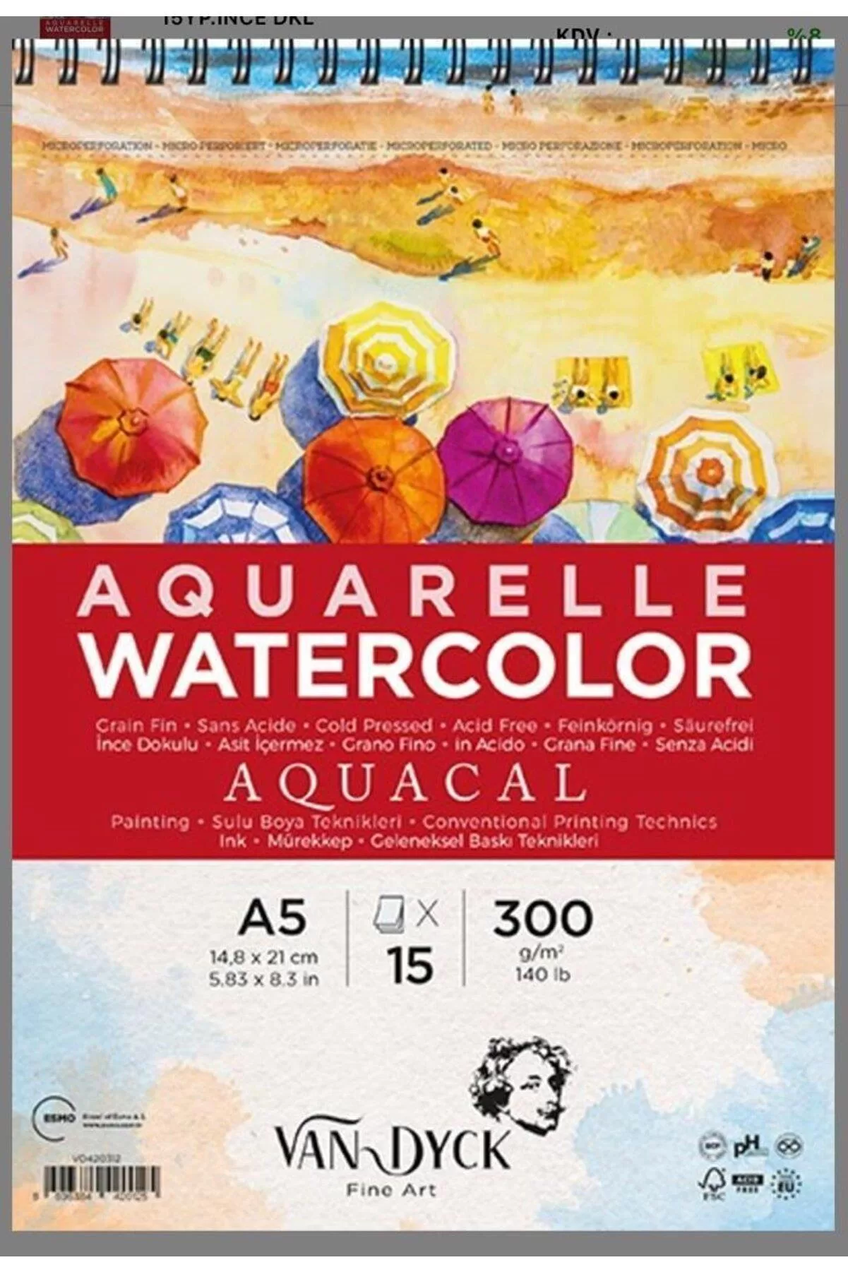 Van Dyck Aquacal İnce Dokulu Coldpress A5 Üstten Spiralli 15 Yaprak Suluboya Blok