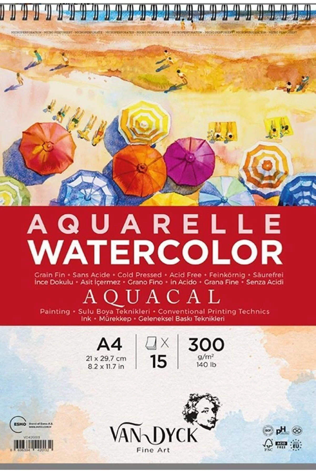 Van Dyck Sulu Boya Blok Aquacal İnce Dokulu Cldpres A4 Üstten Spiralli 15 Yaprak