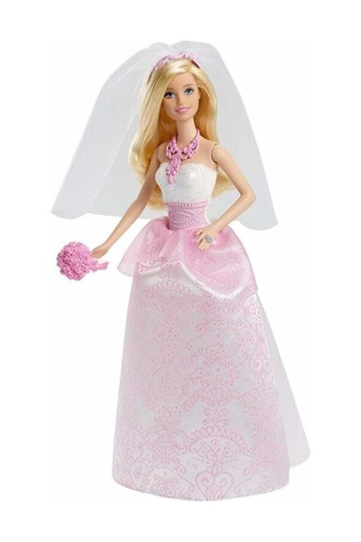 Barbie Gelin Bebek - Beyaz ve Pembe Elbiseli Gelin Buketi ve Duvaklı