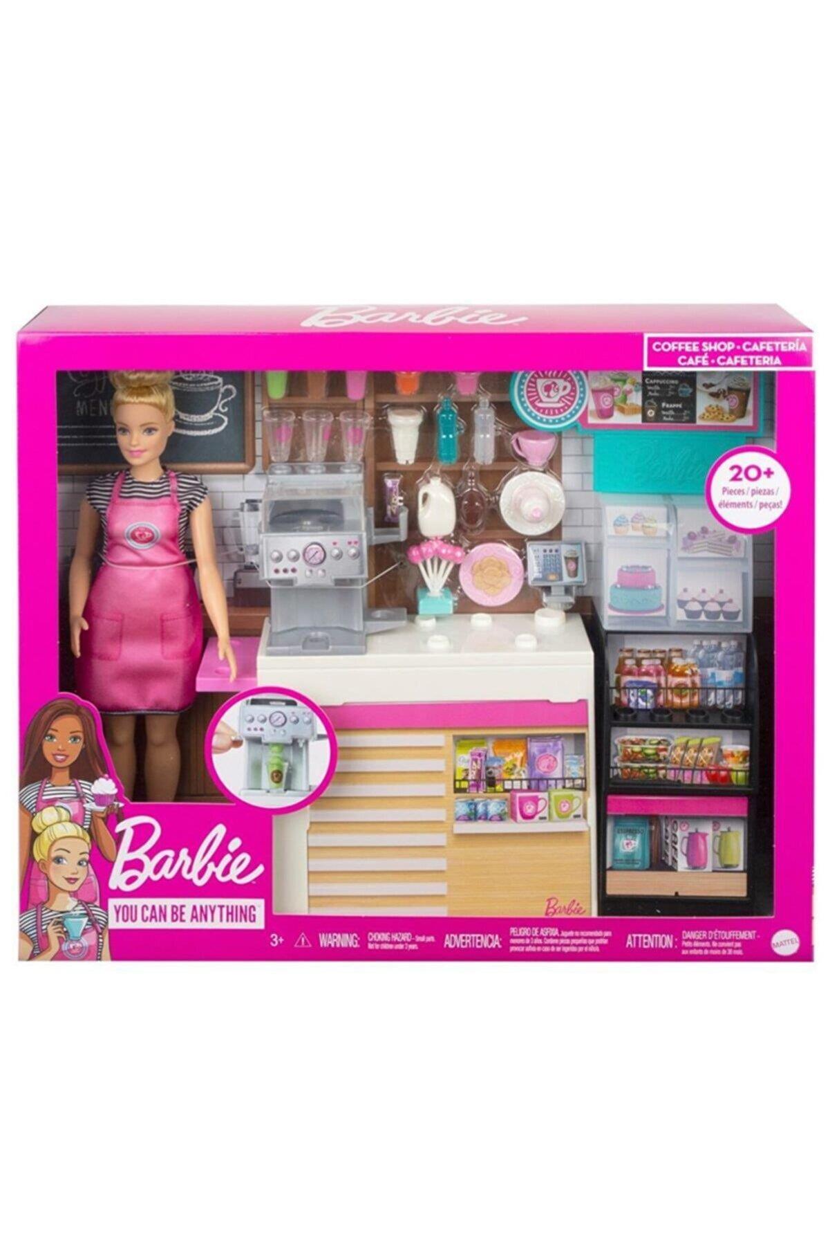 Barbie Kahve Dükkanı 30 cm Sarışın Yuvarlak Hatlı Bebek ve 20 den Fazla Gerçekçi Oyuncak Figür