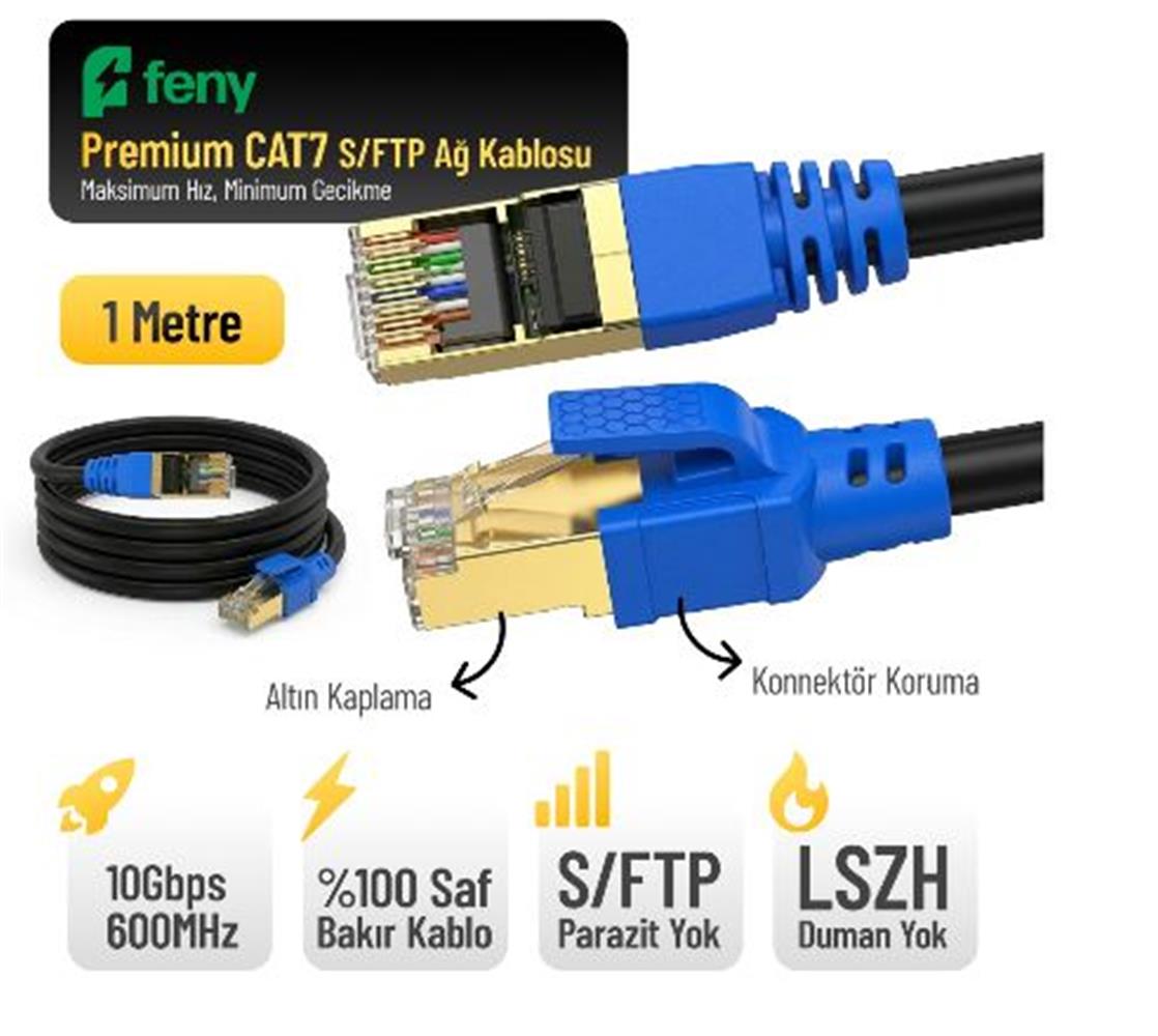 Feny FN-CAT7LS01 10GBPS İnternet 600MHZ 1 Metre CAT7 Gold Patch Kablo (Yanmaz- yüzde 100 Saf Bakır)