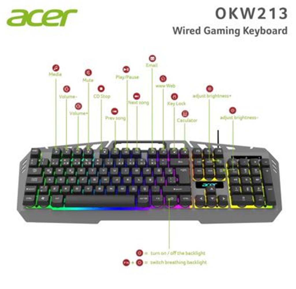 Acer OKW213 Gri- Siyah  RGB Rainbow Backlit Gaming Keyboard Rainbow (Kablo Uzunluğu 1,5mt)
