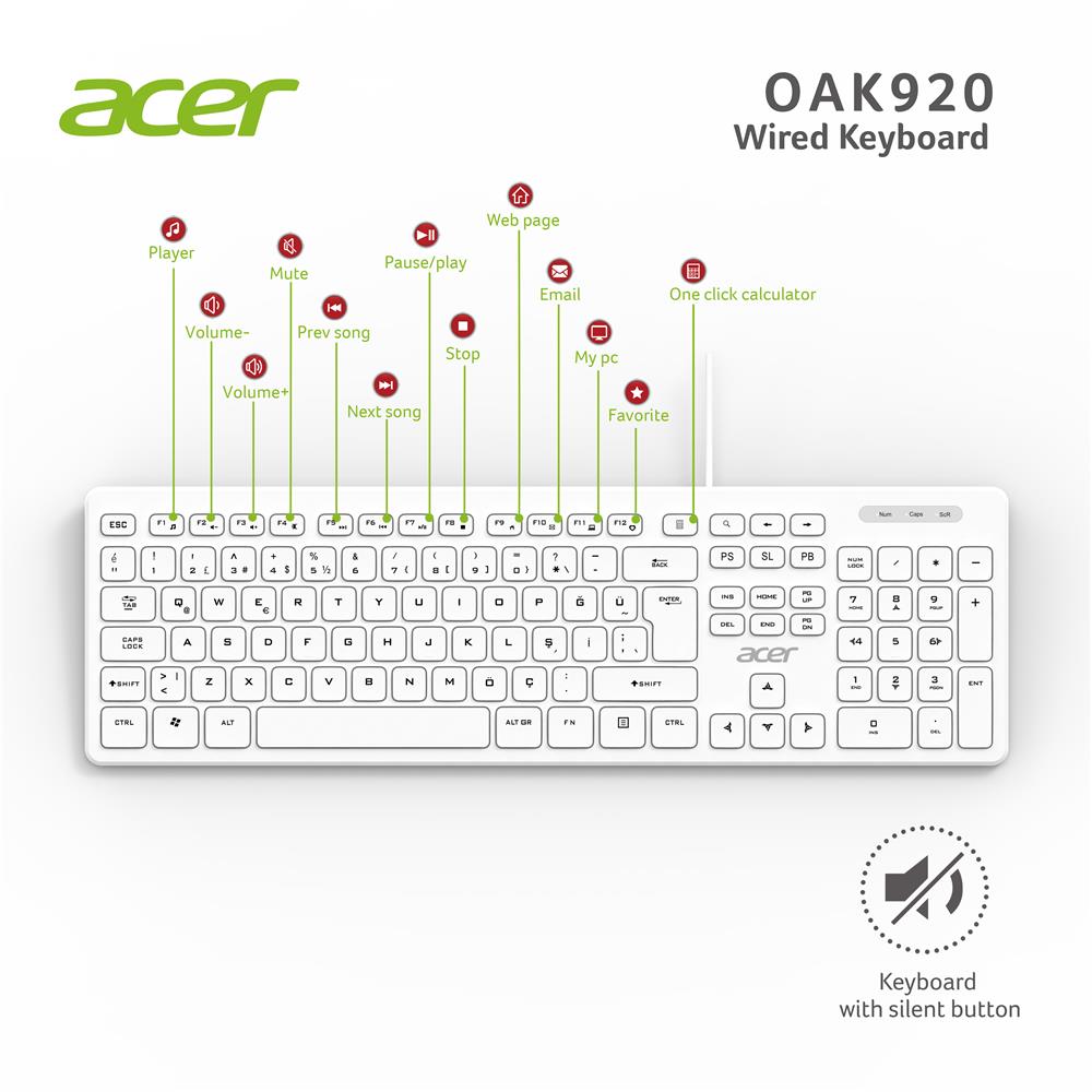 Acer OAK920 Q Usb Beyaz 1.8mt Kablolu Klavye-Tek Tuş Hesap Makinalı (Sessiz Tuş)
