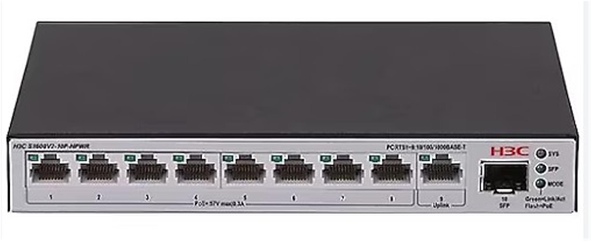 H3C S1600V2-10P-HPWR L2 9x 10-100-1000 BASE-T Ports (8x PoE+ Ports) 1x 1G SFP Port, 125W PoE+ Switch