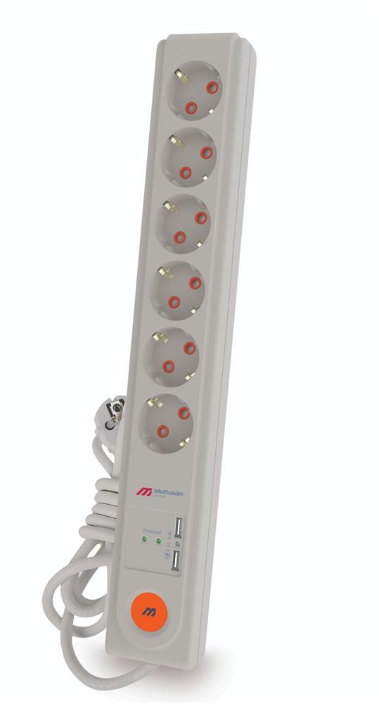 Mutlusan Rı-Tech 6lı 1,5mt  Şok Korum Usb+Type-c Anahtar Toprak Grup Priz (3X1.5-1.5mt) Çocuk Korum