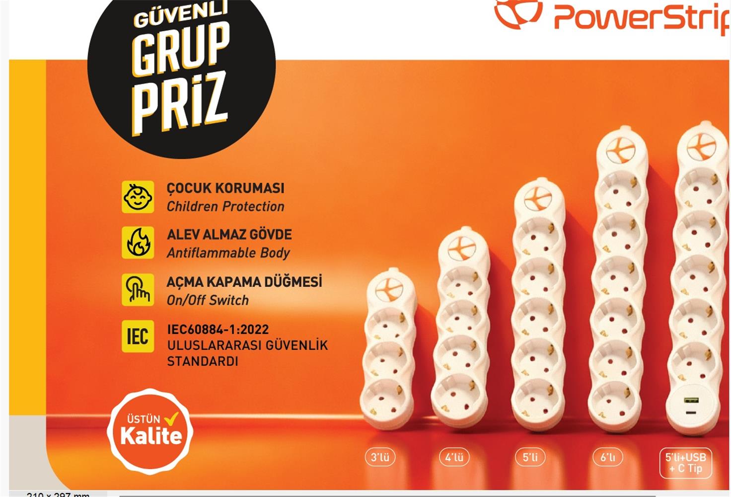 TUNCMATIK POWERSTRIP3 3 lü 5 m IEC 66884-1:2022 Standartı, FR(Alev Almaz), anahtarlı grup priz