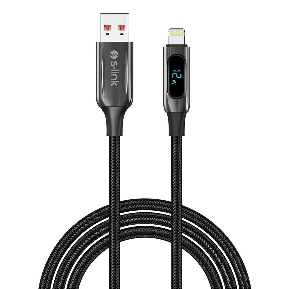 S-link Armor LED UL-012 12W 1m USB to Lightning PD Örgülü LED Başlıklı Siyah Hızlı Şarj Kablosu