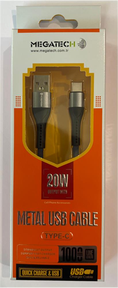 Megatech 3.1A  20w 1mt Örgülü Hasır A Serisi Usb To Typ-c Data Kablosu Gri-Siyah
