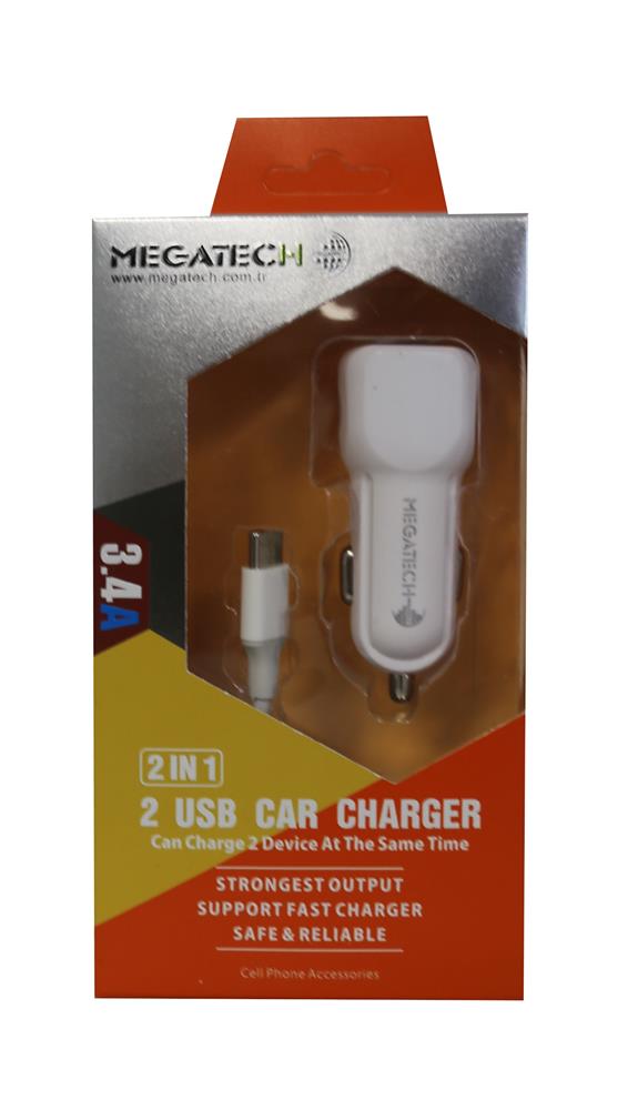 Megatech T05 2Usb 3.4A Beyaz Araç Çakmaklık Şarj Cihazı