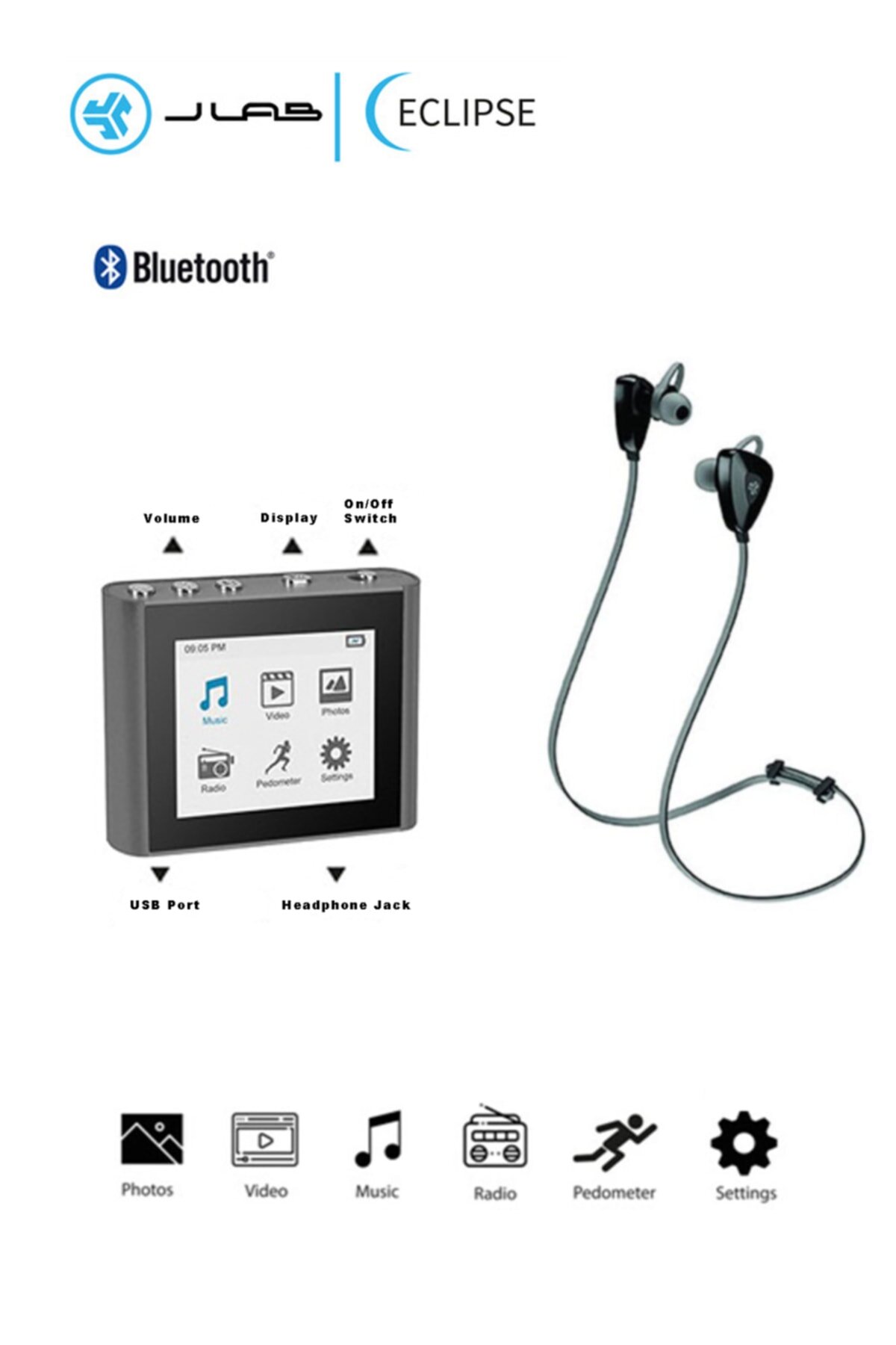 Eclipse Fit Clip Siyah Radyo Plus Bluetooth Kulaklık Hediyeli 8gb Hafıza Dijital Mp3 Micro Sd Giriş