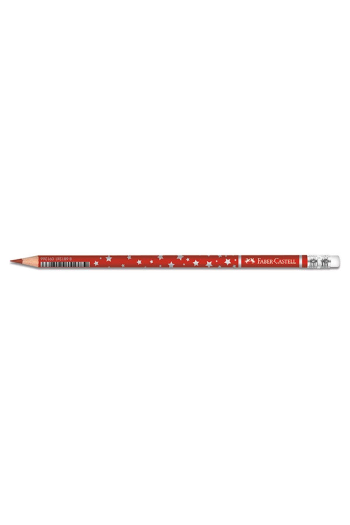 Faber-Castell Başlık Kalemi Yıldız Desenli Silgili Kırmızı 12 Li (1 Paket 12 Adet)