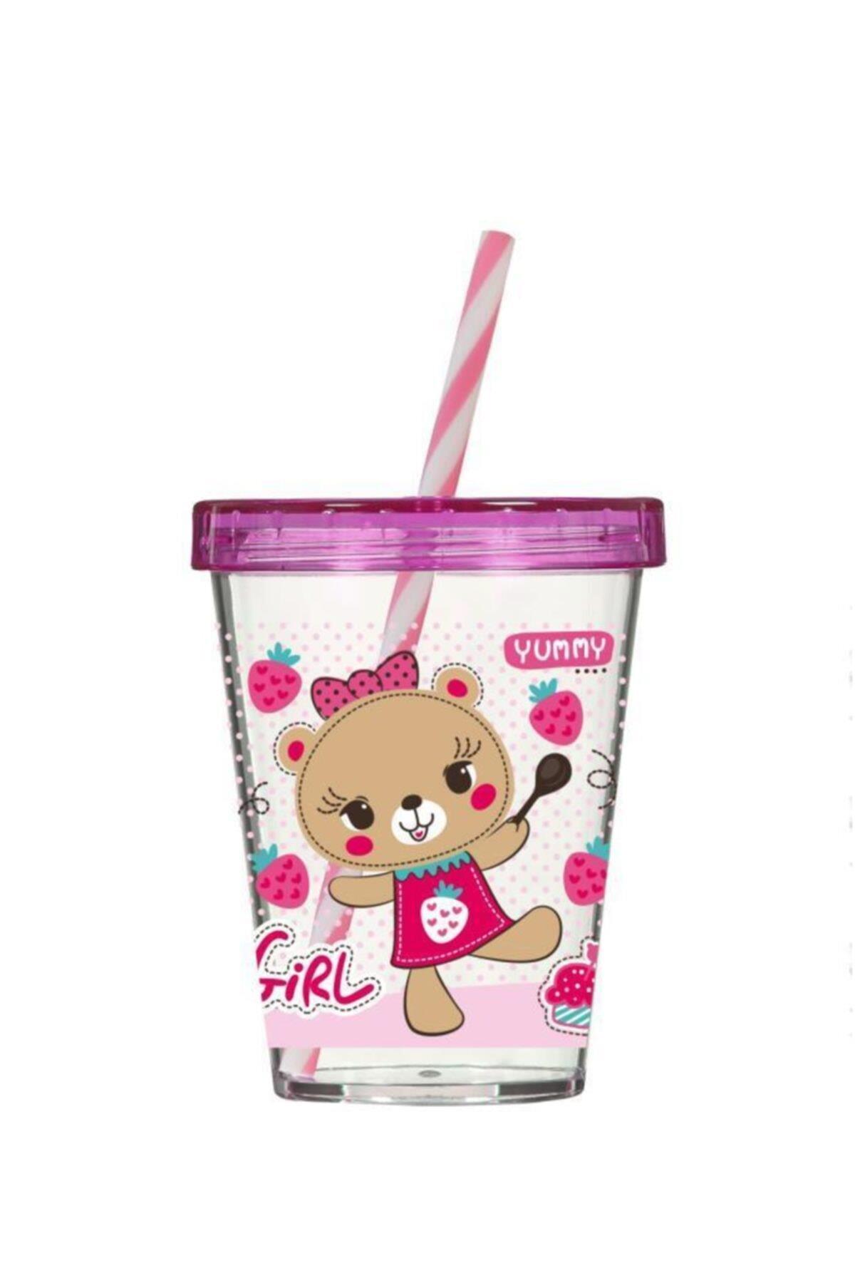 Herevin 450 Cc Süslü Pipetli Bardak-Desenli-Pembe Ayıcık