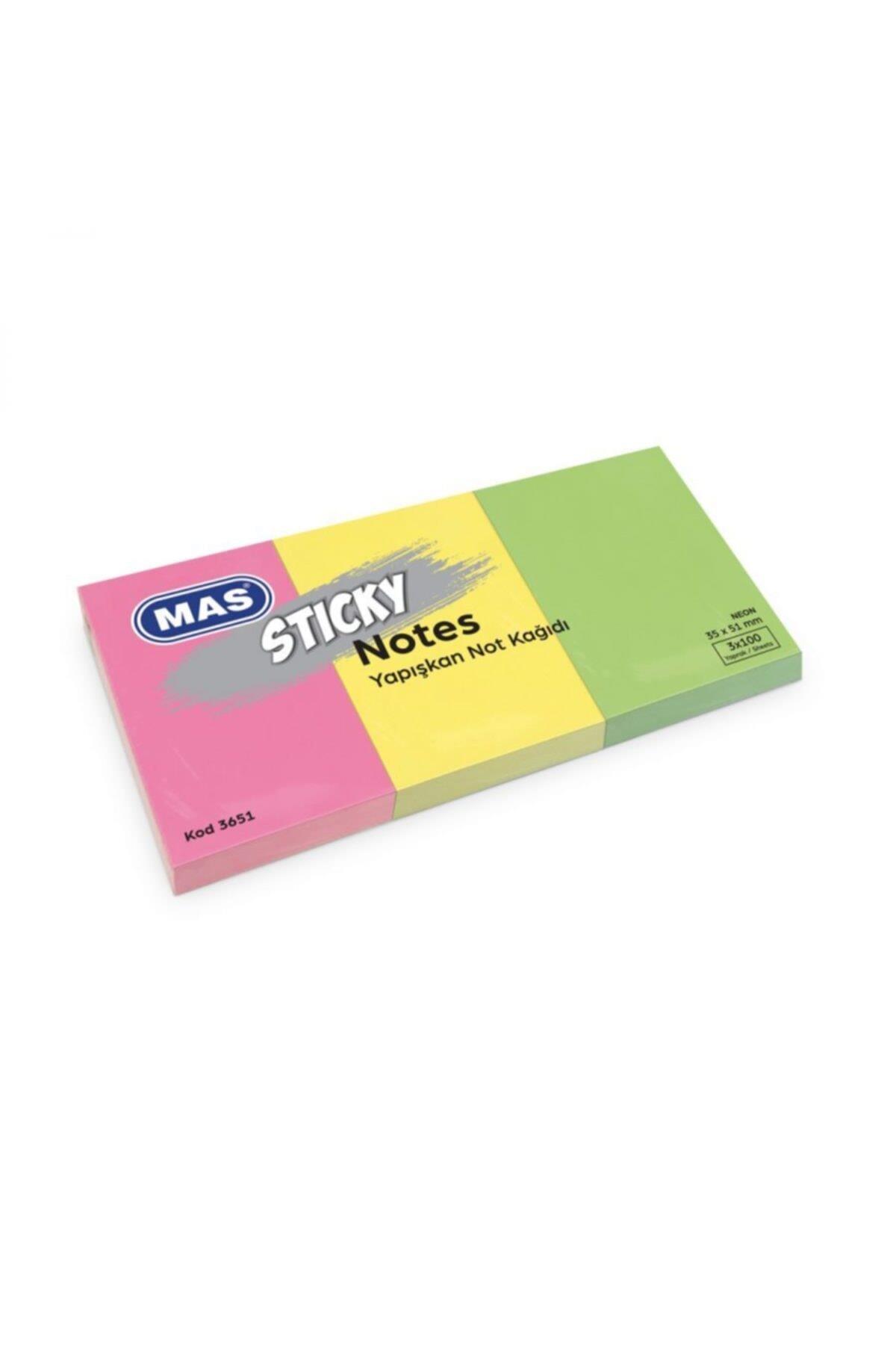 Mas Yapışkanlı Not Kağıdı 3 Blok 100 Sayfa 35x51mm Neon 3651 (12 Koçan)