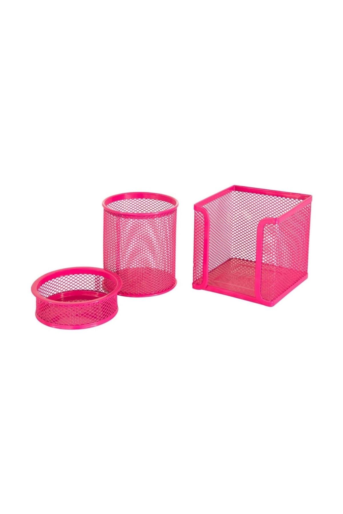 Mimaks Masa Seti Ataşlık-Kağıtlık-Kalemlik 3 LÜ Metal Perforeli Pembe MS-3