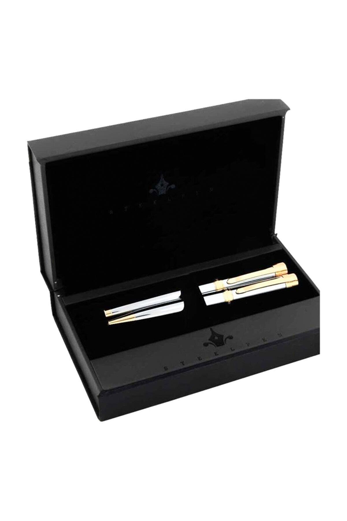 Steel Pen Takım Kalem Dolma + Tükenmez Kalem Capital Gold Krom Kalem Seti