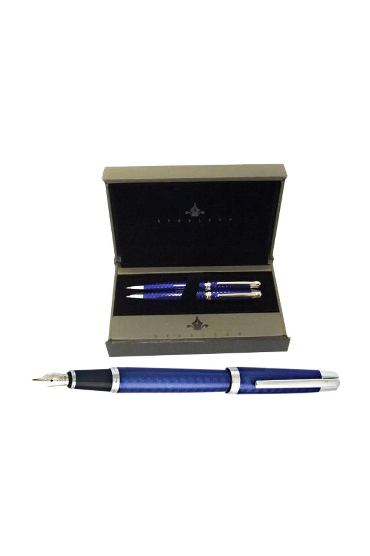 Steel Pen Takım Kalem Dolma Kalem + Tükenmez Kalem Set Mavi Lake Krom