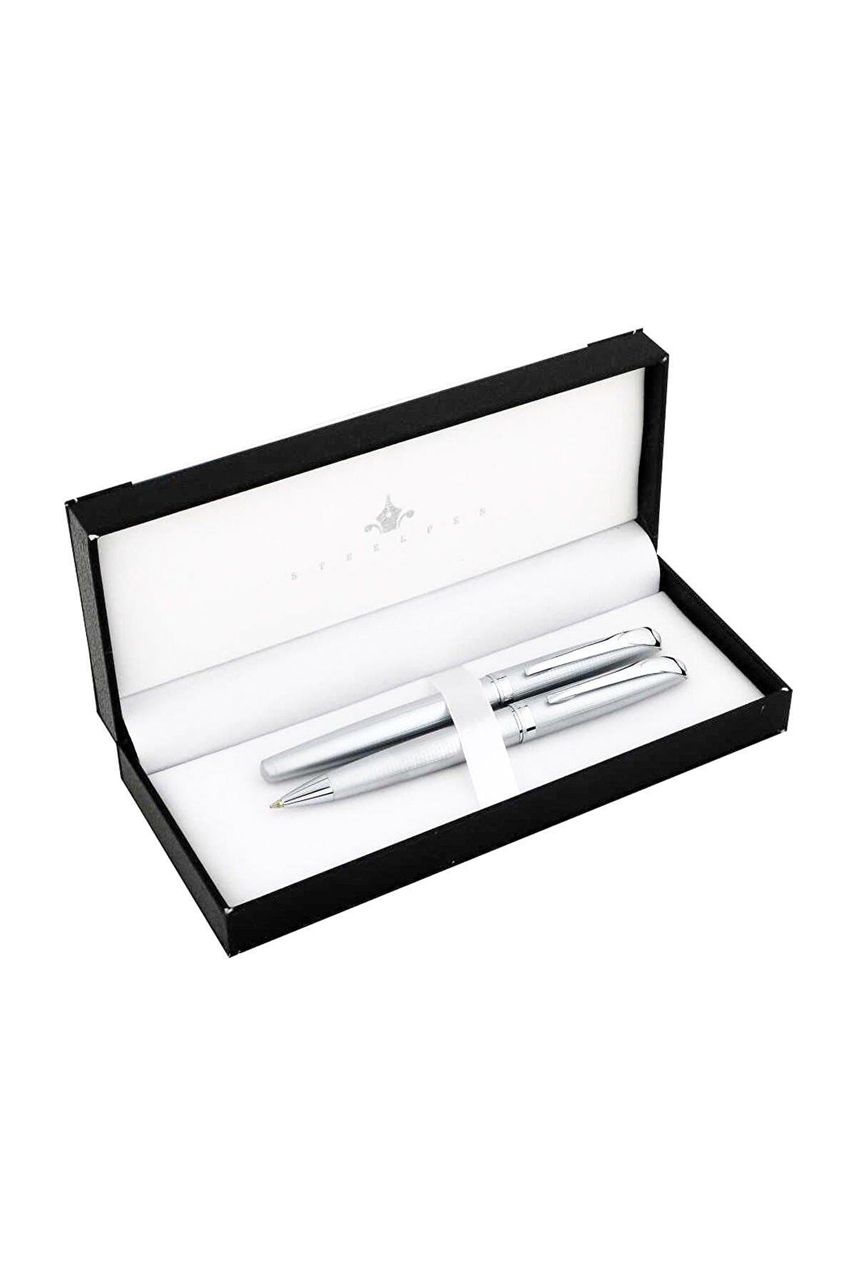 Steel Pen Takım Kalem Dolma + Tükenmez Kalem Desenli Krom Kalem Seti