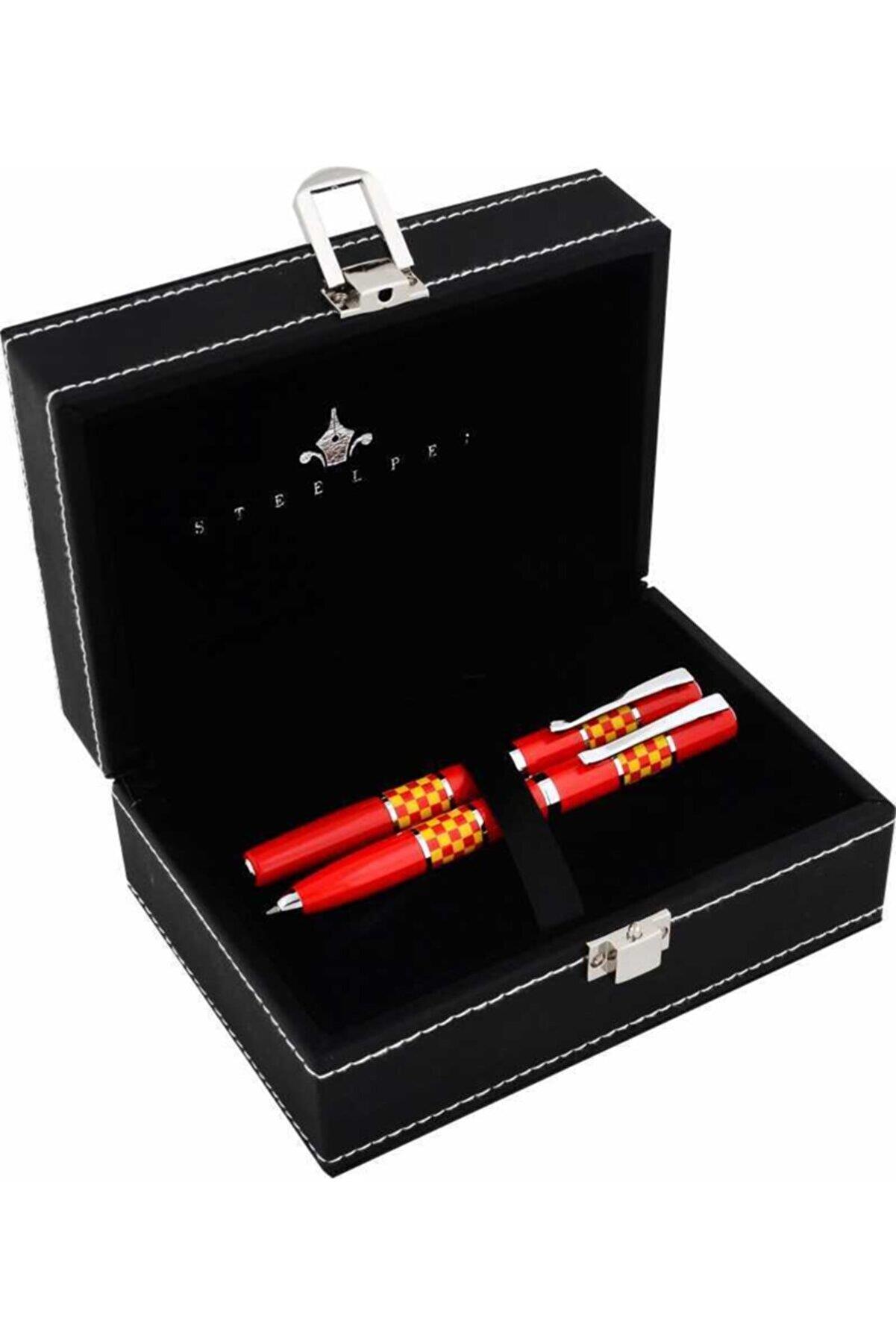 Steel Pen Takım Kalem Dolma + Tükenmez Lüks Kutulu Lake Sarı Kırmızı Kalem Seti