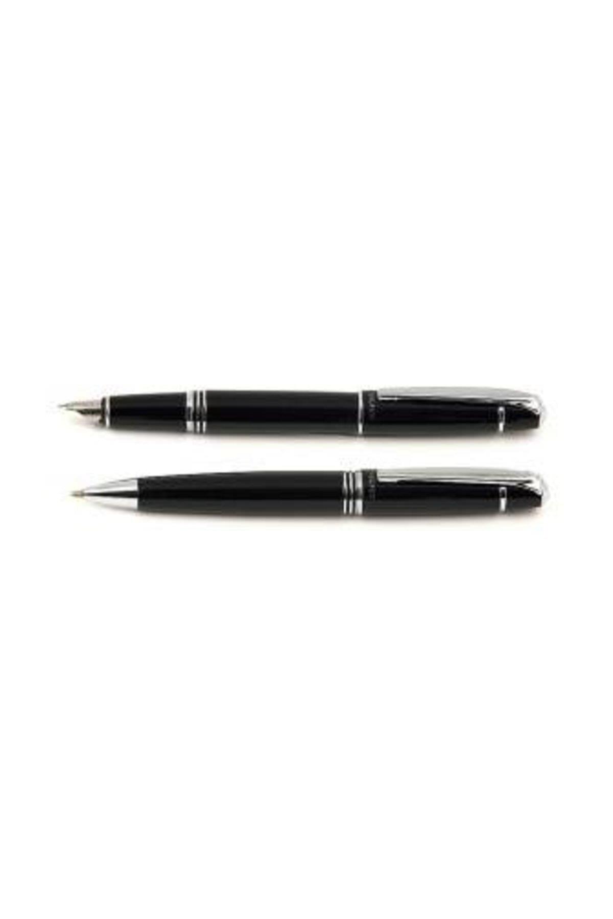 Steel Pen Dolma Kalem + Tükenmez Kalem Set Lake Agate Siyah Kalem Seti