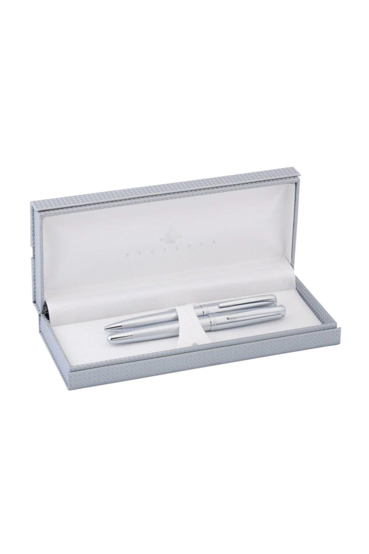 Steel Pen Takım Kalem Dolma + Tükenmez Saturn Serisi Mat Krom Kalem Seti