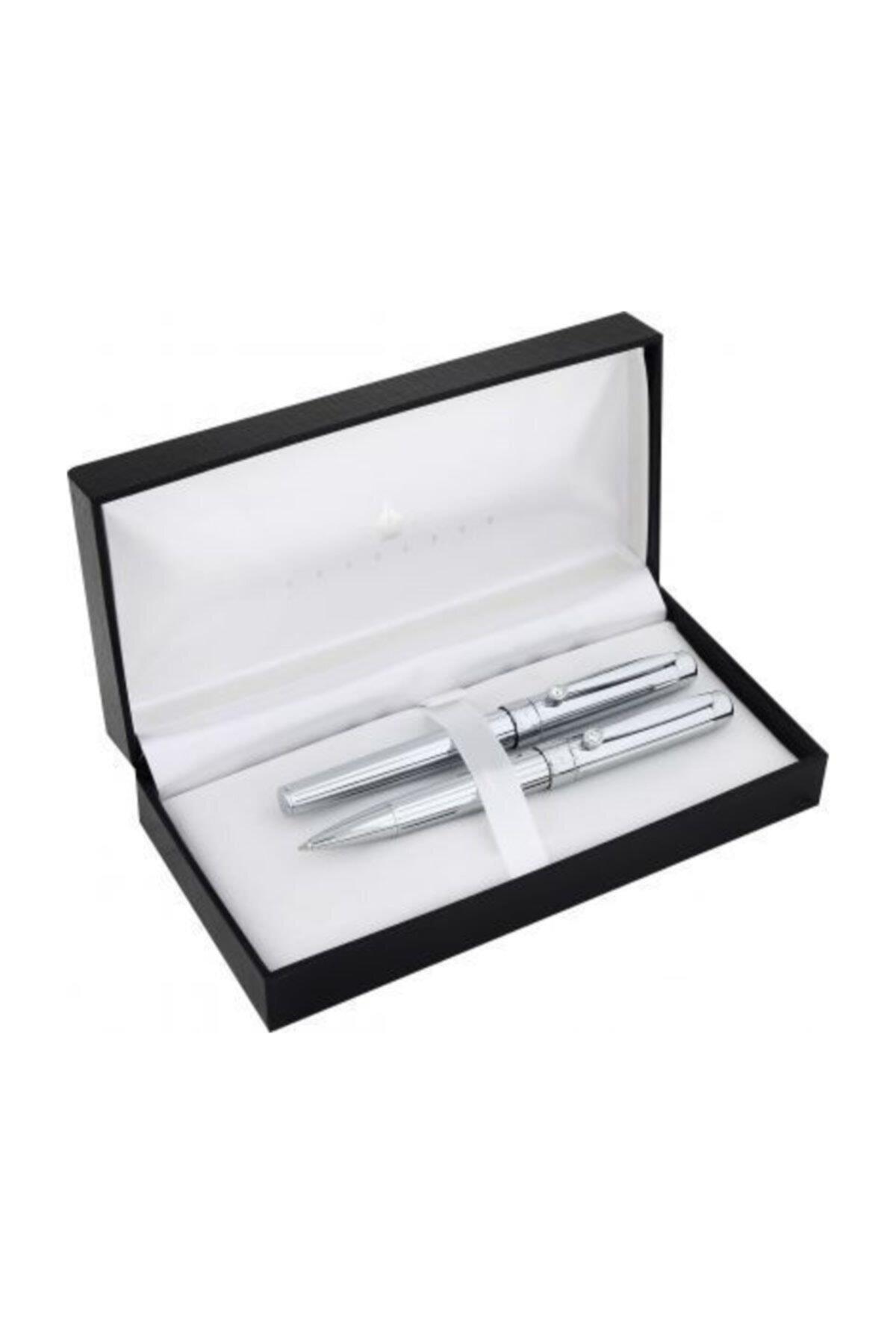 Steel Pen Takım Kalem Dolma + Tükenmez Kalem Uranus Serisi Parlak Krom Kalem Seti