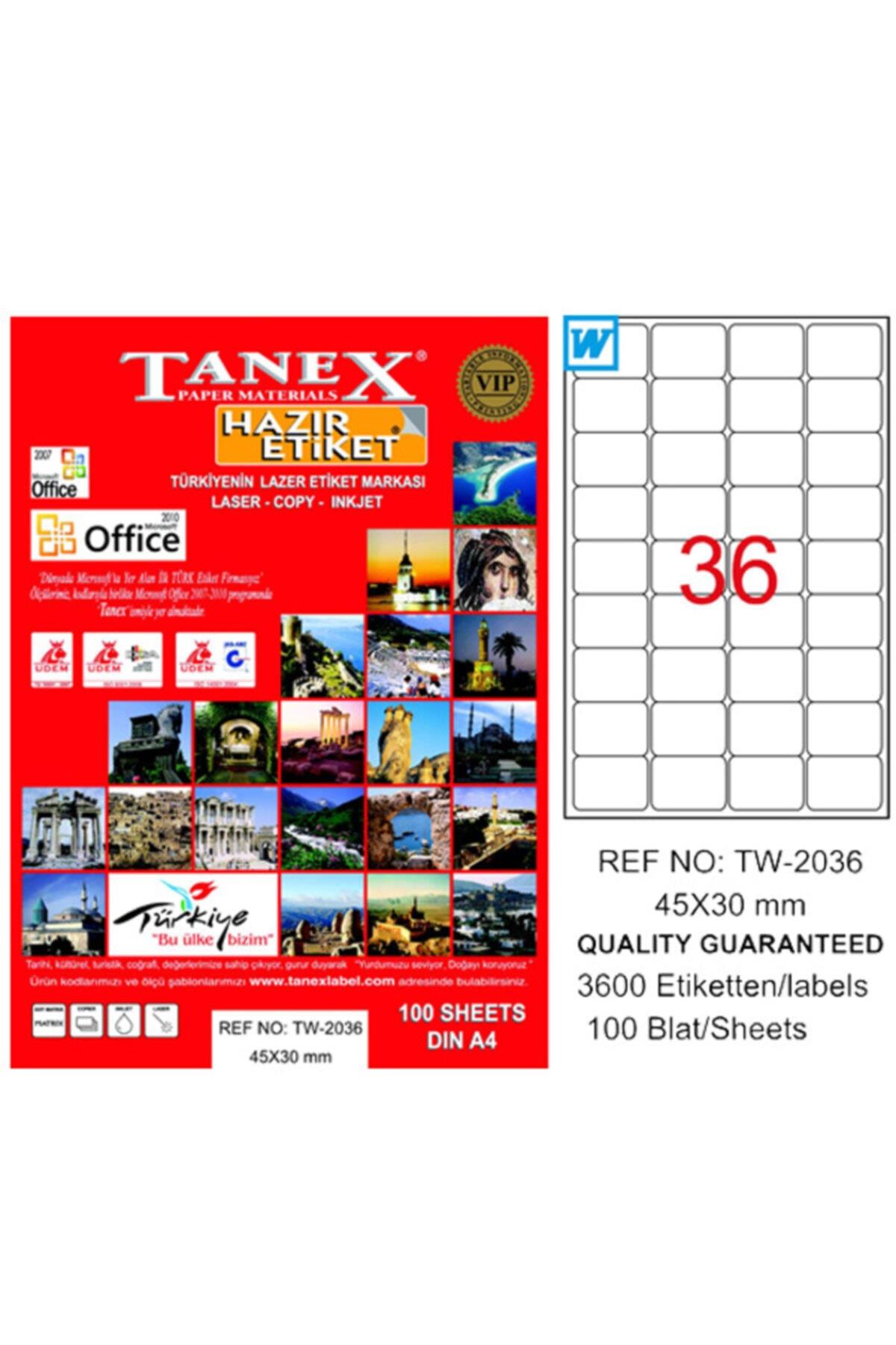 Tanex Lazer Etiket 100 Yaprak 45x30 Laser-Copy-Inkjet TW-2036 (20 Paket)