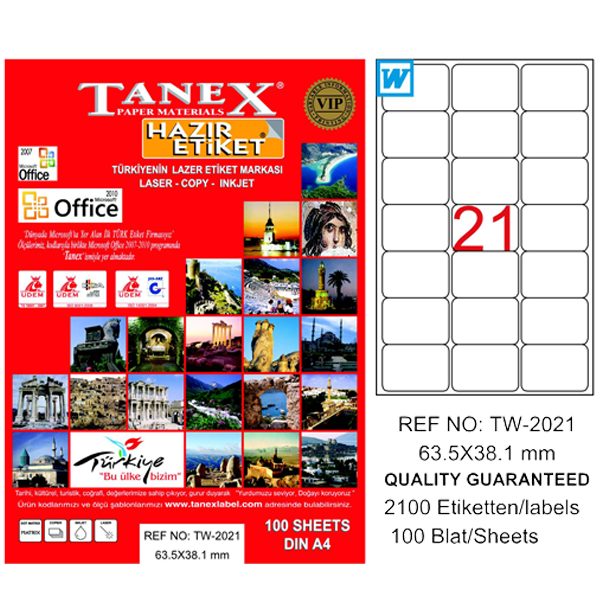 Tanex Lazer Etiket 100 Yaprak 63x38 MM Laser-Copy-Inkjet TW-2021 (20 Li Paket)