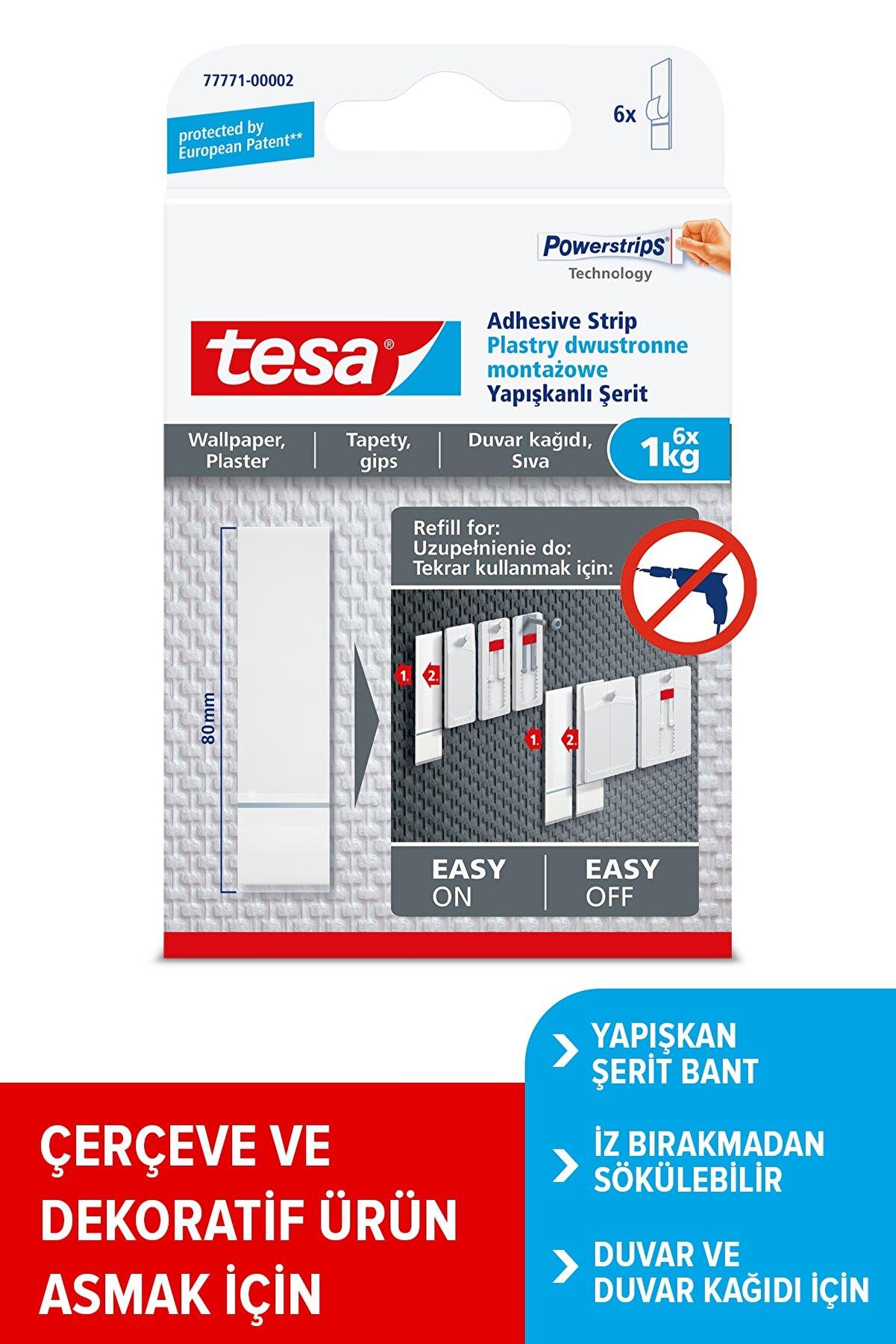 Tesa İz bırakmadan Sökülebilir Yapışkan Şerit Bantlar Duvar ve Duvar Kağıdı İçin 1kg Kapasiteli x 6 Adet