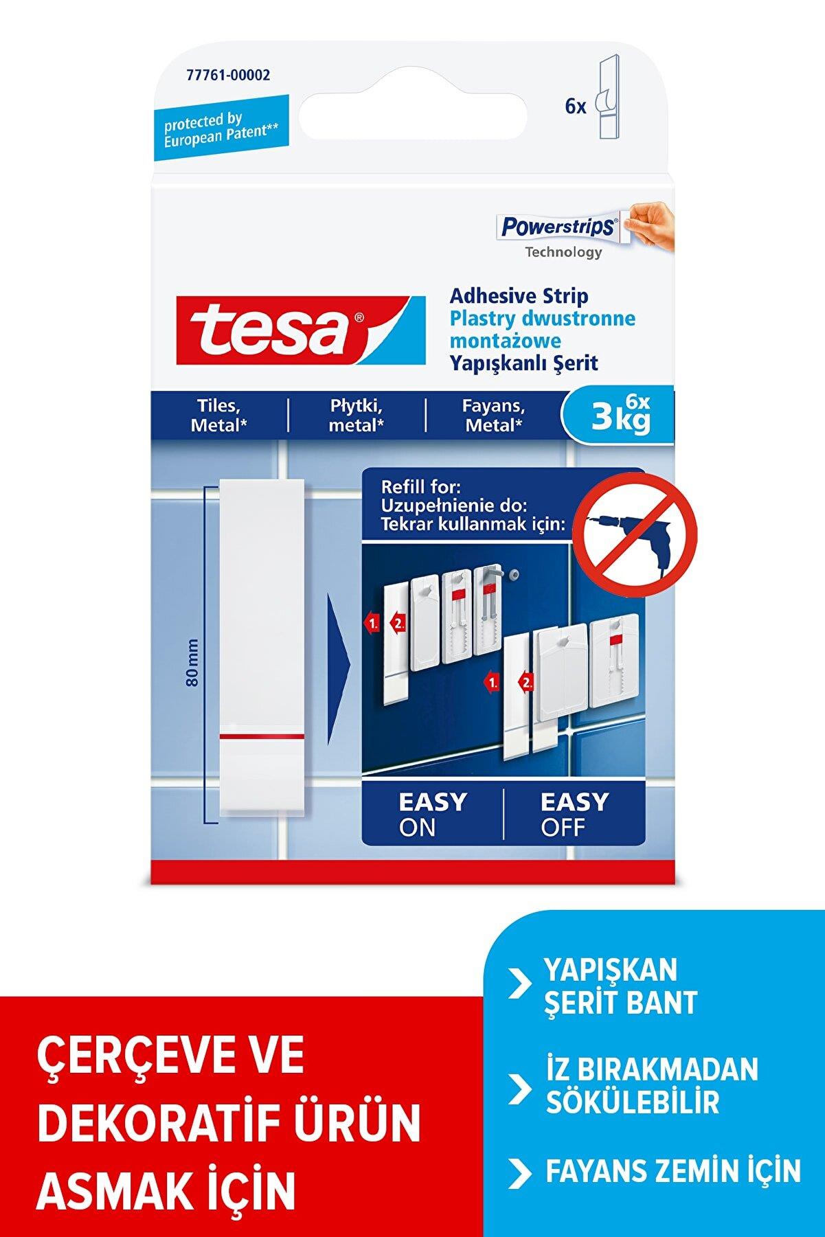 Tesa İz bırakmadan Sökülebilir Yapışkan Şerit Bant Fayans ve Metal Yüzeyler için 3kg Kapasiteli x 6 adet