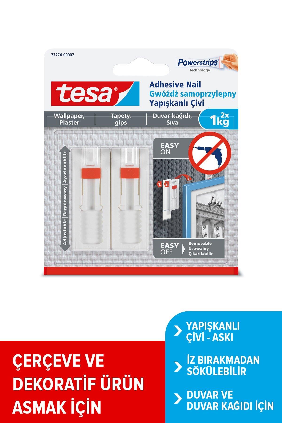 Tesa İz bırakmadan Sökülebilir Yapışkanlı Askı - Çivi, Duvar ve Duvar Kağıdı için, 1 kg x 2 adet