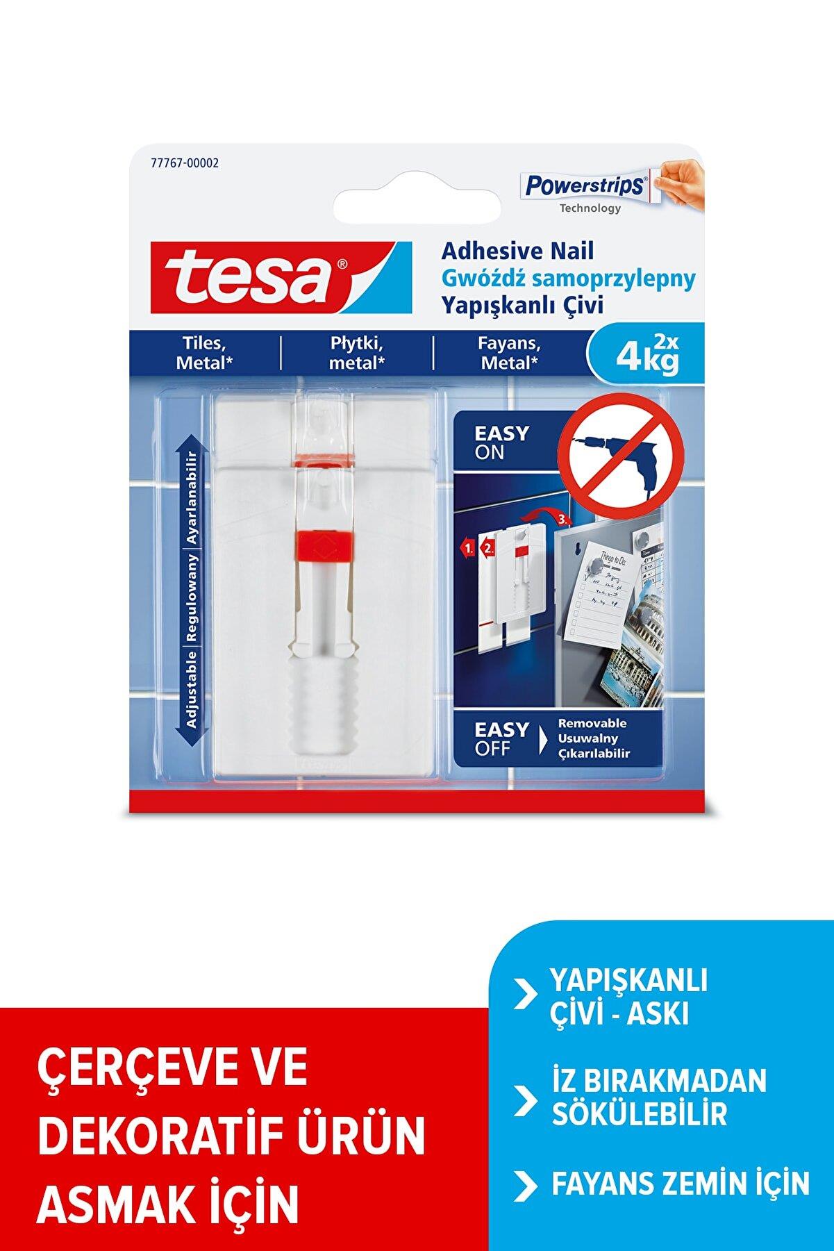 Tesa İz bırakmadan Sökülebilir Yapışkanlı Askı Çivi, Fayans ve Metal Yüzeyler için 4 kg x 2 adet
